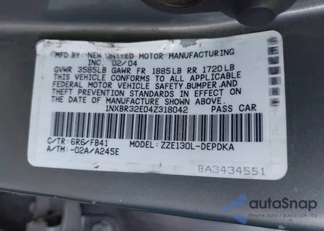 2004 Toyota Corolla Ce z USA, uszkodzony, nr VIN 1NXBR32E04Z318042